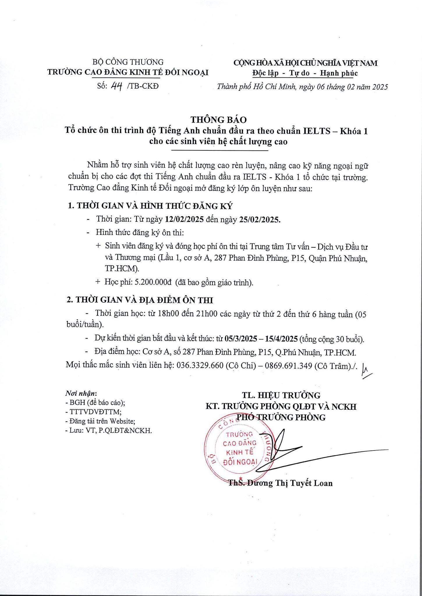 Thông báo tổ chức ôn thi trình độ Tiếng Anh chuẩn đầu ra theo chuẩn IELTS - Khóa 1 dành cho các sinh viên hệ chất lượng cao Main Logo